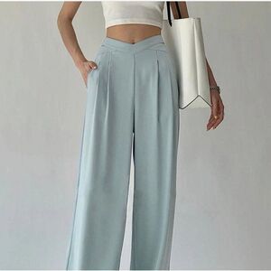 Baby Blue Pleated V Waist Flowy Wide Leg Pants